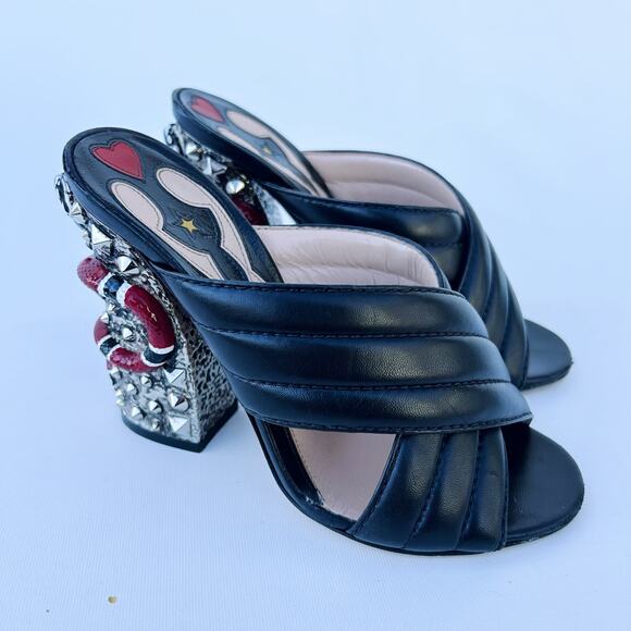 Gucci Authentic Leather Quilted Webby Snake Chunky Heels 36 Black 6 Peep Toe - Picture 1 of 12